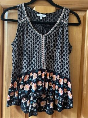 Patrons of Peace  Black Sleeveless Floral Peplum Top with Embroidered Accents